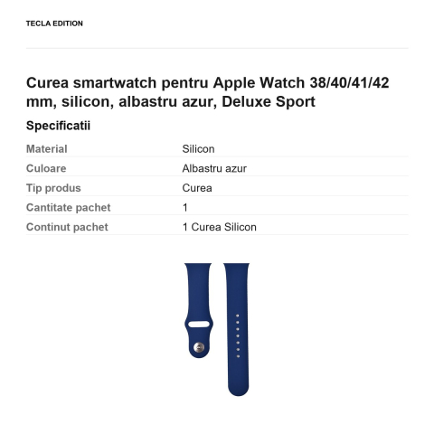 Curea smartwatch pentru Apple Watch 38/40/41/42 mm, silicon, albastru azur, Deluxe Sport [2]