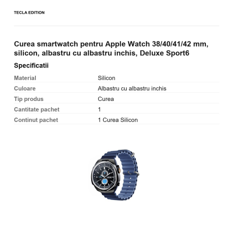 Curea smartwatch pentru Apple Watch 38/40/41/42 mm, silicon, albastru cu albastru inchis, Deluxe Sport6 [2]