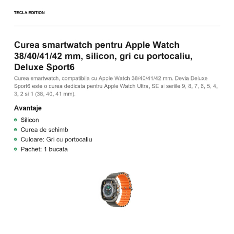 Curea smartwatch pentru Apple Watch 38/40/41/42 mm, silicon, gri cu portocaliu, Deluxe Sport6 [1]