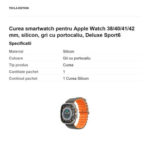 Curea smartwatch pentru Apple Watch 38/40/41/42 mm, silicon, gri cu portocaliu, Deluxe Sport6 [2]