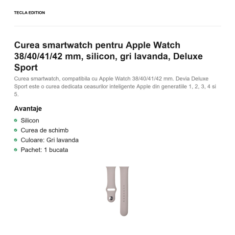 Curea smartwatch pentru Apple Watch 38/40/41/42 mm, silicon, gri lavanda, Deluxe Sport [1]