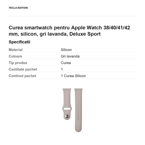 Curea smartwatch pentru Apple Watch 38/40/41/42 mm, silicon, gri lavanda, Deluxe Sport [2]