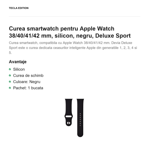 Curea smartwatch pentru Apple Watch 38/40/41/42 mm, silicon, negru, Deluxe Sport [1]