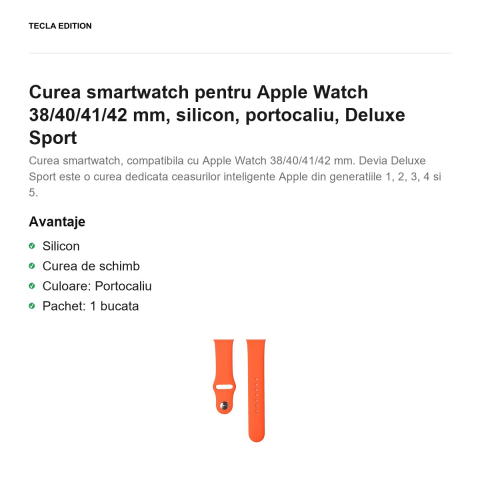 Curea smartwatch pentru Apple Watch 38/40/41/42 mm, silicon, portocaliu, Deluxe Sport [1]
