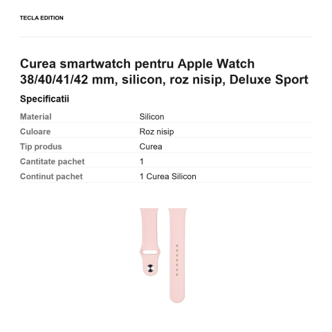 Curea smartwatch pentru Apple Watch 38/40/41/42 mm, silicon, roz nisip, Deluxe Sport [2]
