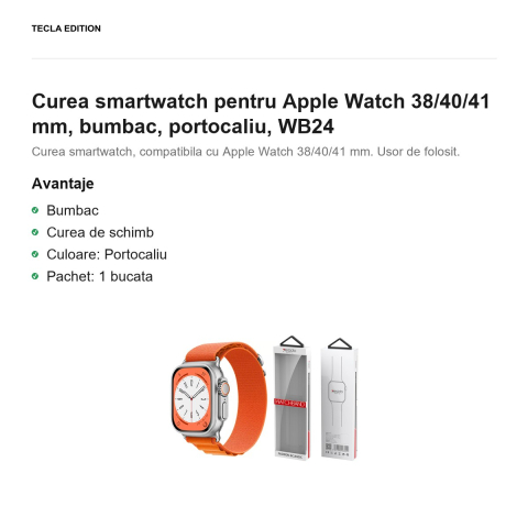 Curea smartwatch pentru Apple Watch 38/40/41 mm, bumbac, portocaliu, WB24 [1]