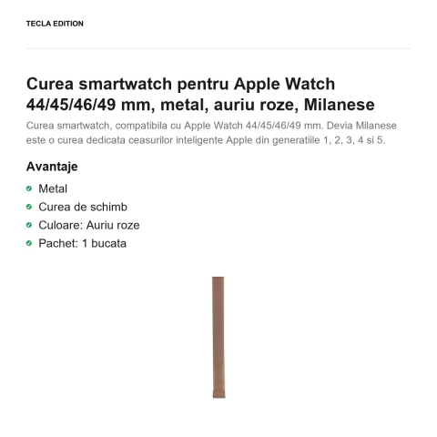 Curea smartwatch pentru Apple Watch 44/45/46/49 mm, metal, auriu roze, Milanese [1]
