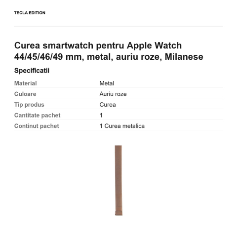 Curea smartwatch pentru Apple Watch 44/45/46/49 mm, metal, auriu roze, Milanese [2]