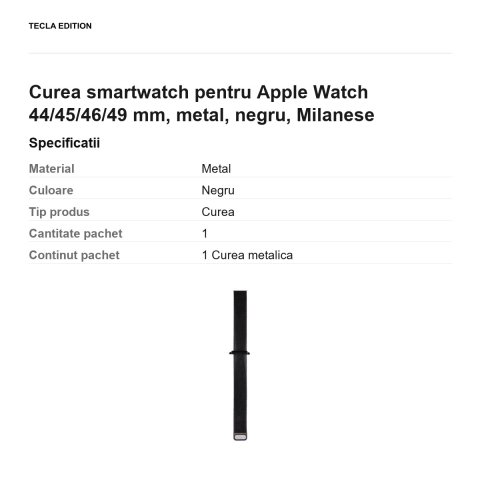 Curea smartwatch pentru Apple Watch 44/45/46/49 mm, metal, negru, Milanese [2]