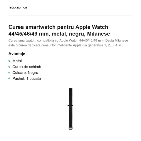 Curea smartwatch pentru Apple Watch 44/45/46/49 mm, metal, negru, Milanese [1]