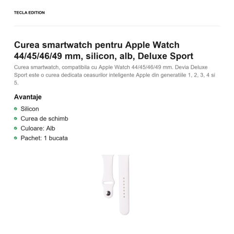 Curea smartwatch pentru Apple Watch 44/45/46/49 mm, silicon, alb, Deluxe Sport [1]