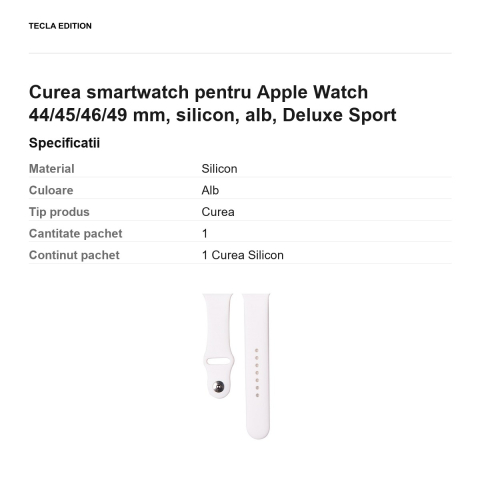 Curea smartwatch pentru Apple Watch 44/45/46/49 mm, silicon, alb, Deluxe Sport [2]