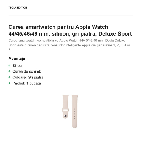 Curea smartwatch pentru Apple Watch 44/45/46/49 mm, silicon, gri piatra, Deluxe Sport [1]