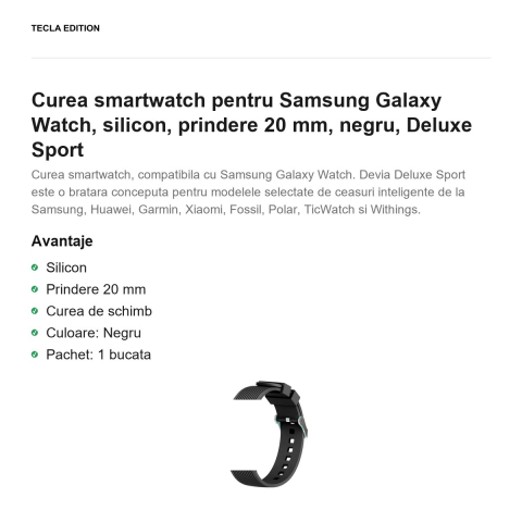 Curea smartwatch pentru Samsung Galaxy Watch, silicon, prindere 20 mm, negru, Deluxe Sport [1]