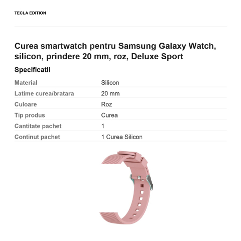Curea smartwatch pentru Samsung Galaxy Watch, silicon, prindere 20 mm, roz, Deluxe Sport [2]