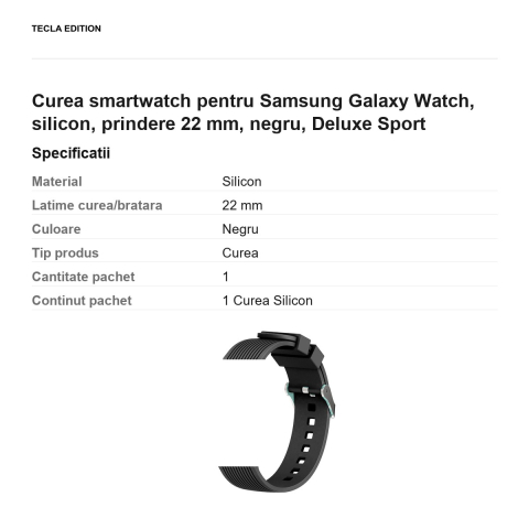 Curea smartwatch pentru Samsung Galaxy Watch, silicon, prindere 22 mm, negru, Deluxe Sport [2]