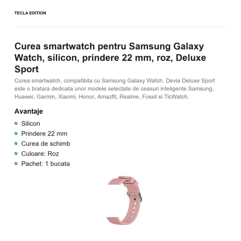 Curea smartwatch pentru Samsung Galaxy Watch, silicon, prindere 22 mm, roz, Deluxe Sport [1]
