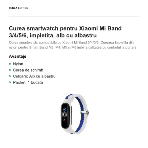 Curea smartwatch pentru Xiaomi Mi Band 3/4/5/6, impletita, alb cu albastru [1]