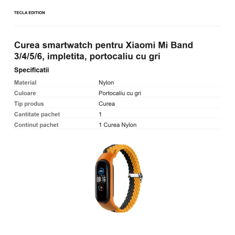 Curea smartwatch pentru Xiaomi Mi Band 3/4/5/6, impletita, portocaliu cu gri [2]