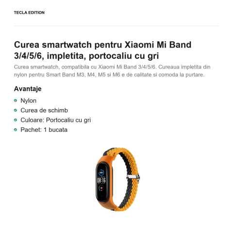 Curea smartwatch pentru Xiaomi Mi Band 3/4/5/6, impletita, portocaliu cu gri [1]