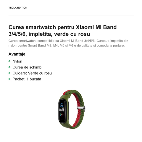 Curea smartwatch pentru Xiaomi Mi Band 3/4/5/6, impletita, verde cu rosu [1]