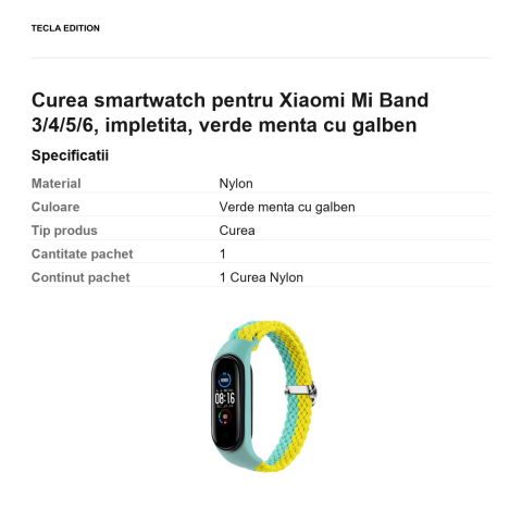 Curea smartwatch pentru Xiaomi Mi Band 3/4/5/6, impletita, verde menta cu galben [2]