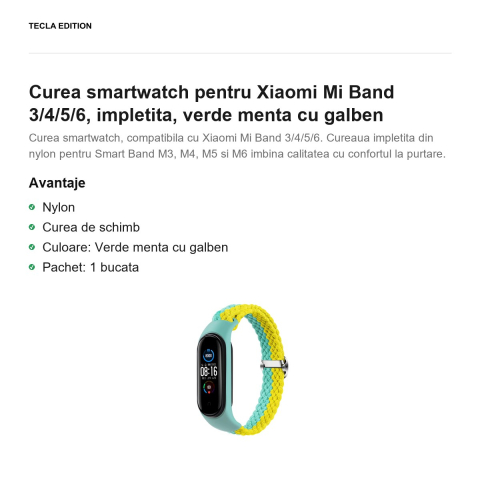 Curea smartwatch pentru Xiaomi Mi Band 3/4/5/6, impletita, verde menta cu galben [1]