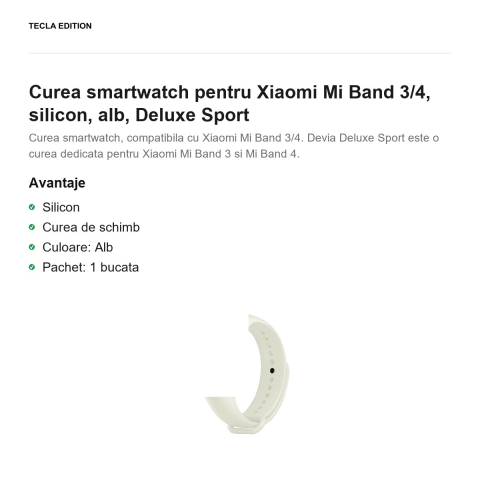 Curea smartwatch pentru Xiaomi Mi Band 3/4, silicon, alb, Deluxe Sport [1]