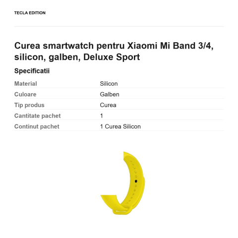 Curea smartwatch pentru Xiaomi Mi Band 3/4, silicon, galben, Deluxe Sport [2]