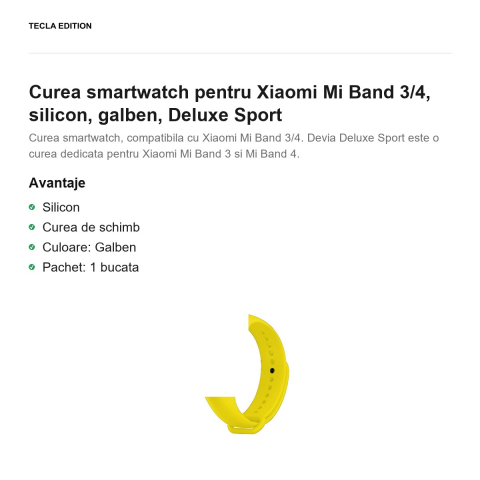 Curea smartwatch pentru Xiaomi Mi Band 3/4, silicon, galben, Deluxe Sport [1]