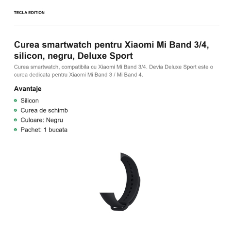 Curea smartwatch pentru Xiaomi Mi Band 3/4, silicon, negru, Deluxe Sport [1]