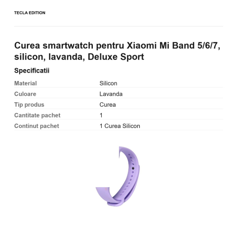 Curea smartwatch pentru Xiaomi Mi Band 5/6/7, silicon, lavanda, Deluxe Sport [2]