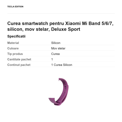 Curea smartwatch pentru Xiaomi Mi Band 5/6/7, silicon, mov stelar, Deluxe Sport [2]