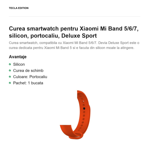 Curea smartwatch pentru Xiaomi Mi Band 5/6/7, silicon, portocaliu, Deluxe Sport [1]