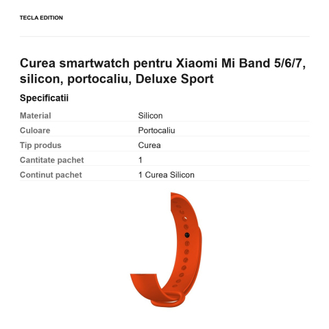 Curea smartwatch pentru Xiaomi Mi Band 5/6/7, silicon, portocaliu, Deluxe Sport [2]