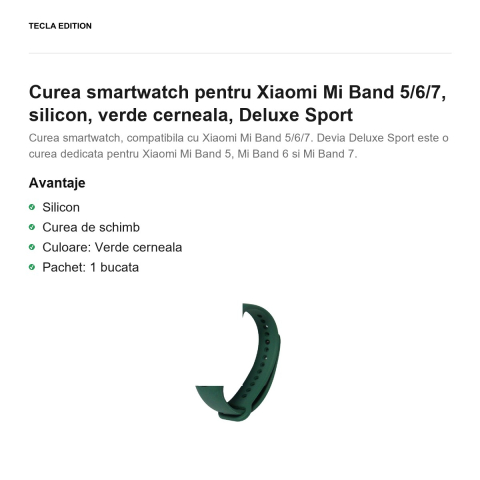 Curea smartwatch pentru Xiaomi Mi Band 5/6/7, silicon, verde cerneala, Deluxe Sport [1]
