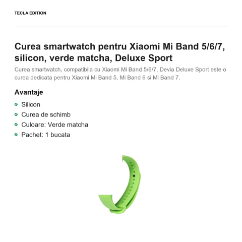 Curea smartwatch pentru Xiaomi Mi Band 5/6/7, silicon, verde matcha, Deluxe Sport [1]