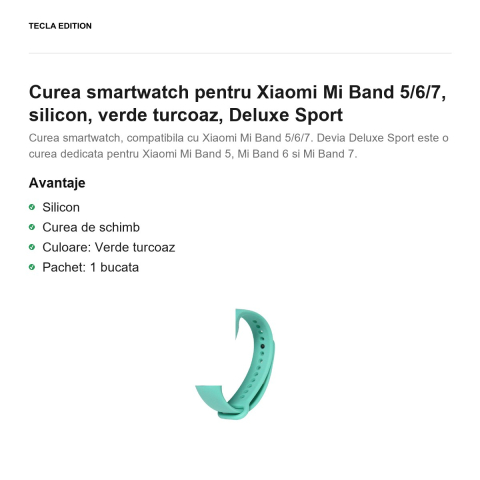 Curea smartwatch pentru Xiaomi Mi Band 5/6/7, silicon, verde turcoaz, Deluxe Sport [1]