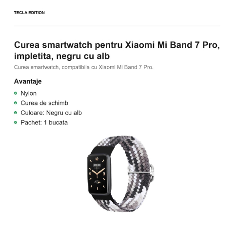 Curea smartwatch pentru Xiaomi Mi Band 7 Pro, impletita, negru cu alb [1]