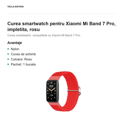 Curea smartwatch pentru Xiaomi Mi Band 7 Pro, impletita, rosu [1]