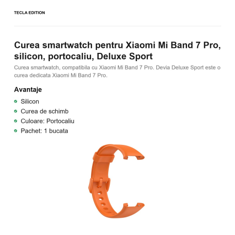 Curea smartwatch pentru Xiaomi Mi Band 7 Pro, silicon, portocaliu, Deluxe Sport [1]