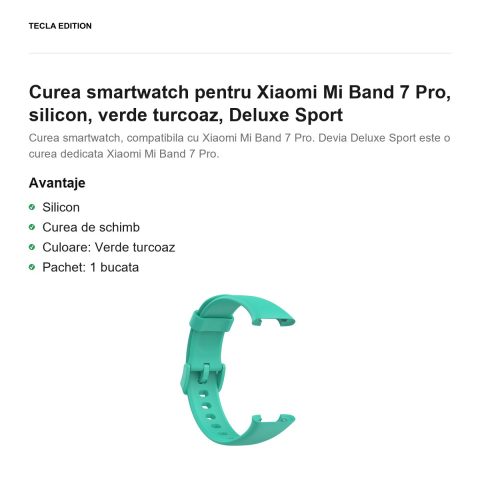 Curea smartwatch pentru Xiaomi Mi Band 7 Pro, silicon, verde turcoaz, Deluxe Sport [1]
