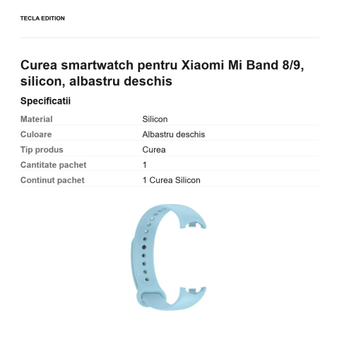 Curea smartwatch pentru Xiaomi Mi Band 8/9, silicon, albastru deschis [2]