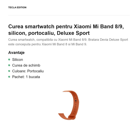 Curea smartwatch pentru Xiaomi Mi Band 8/9, silicon, portocaliu, Deluxe Sport [1]
