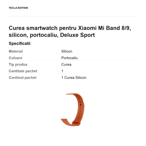 Curea smartwatch pentru Xiaomi Mi Band 8/9, silicon, portocaliu, Deluxe Sport [2]