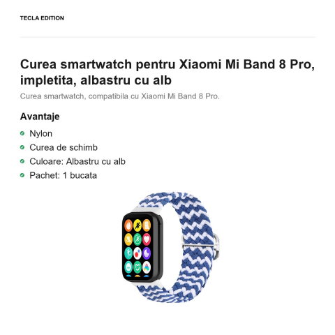 Curea smartwatch pentru Xiaomi Mi Band 8 Pro, impletita, albastru cu alb [1]