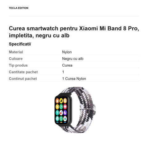 Curea smartwatch pentru Xiaomi Mi Band 8 Pro, impletita, negru cu alb [2]