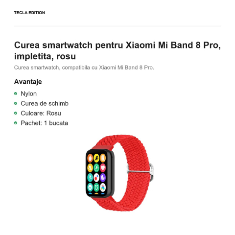 Curea smartwatch pentru Xiaomi Mi Band 8 Pro, impletita, rosu [1]