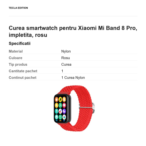 Curea smartwatch pentru Xiaomi Mi Band 8 Pro, impletita, rosu [2]