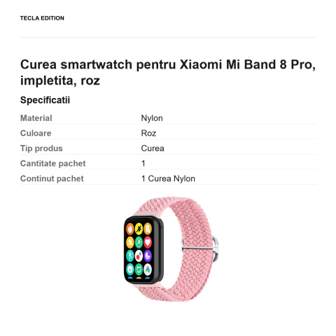 Curea smartwatch pentru Xiaomi Mi Band 8 Pro, impletita, roz [2]